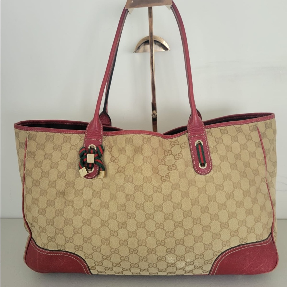 GUCCI Authentic GG Canvas Red Leather Princy Tote Bag